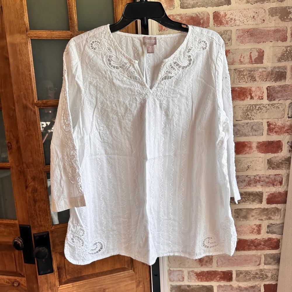 Chicos Top Womens White Embroidered Eyelet 3/4 Sleeve Tunic Blouse Size 2 Large